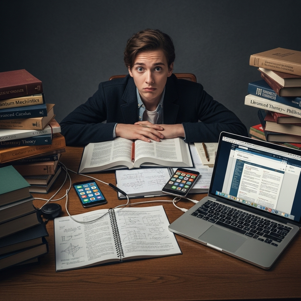 A person is sitting at a desk with many books and digital devices around them, looking overwhelmed and confused, not actively engaging with the material. The lighting is dim, emphasizing a sense of being lost in information. Focus on the person's expression of bewilderment. No text on the image.