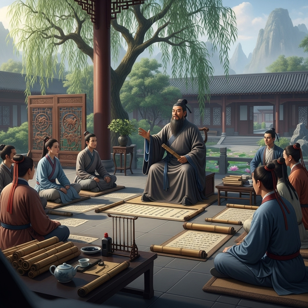 An ancient Chinese scholar, Confucius, with a wise expression, is gesturing while teaching a group of attentive students in a traditional setting. Scrolls and ancient books are visible. The atmosphere is calm and respectful. No text on the image.