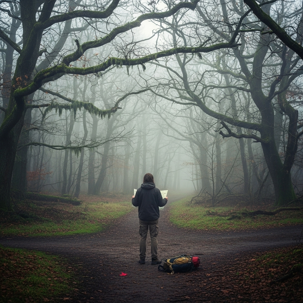 A winding, misty path in a dense forest, with a person standing at a crossroads, looking lost and confused. The path ahead is obscured, symbolizing uncertainty and lack of direction. No text on the image.