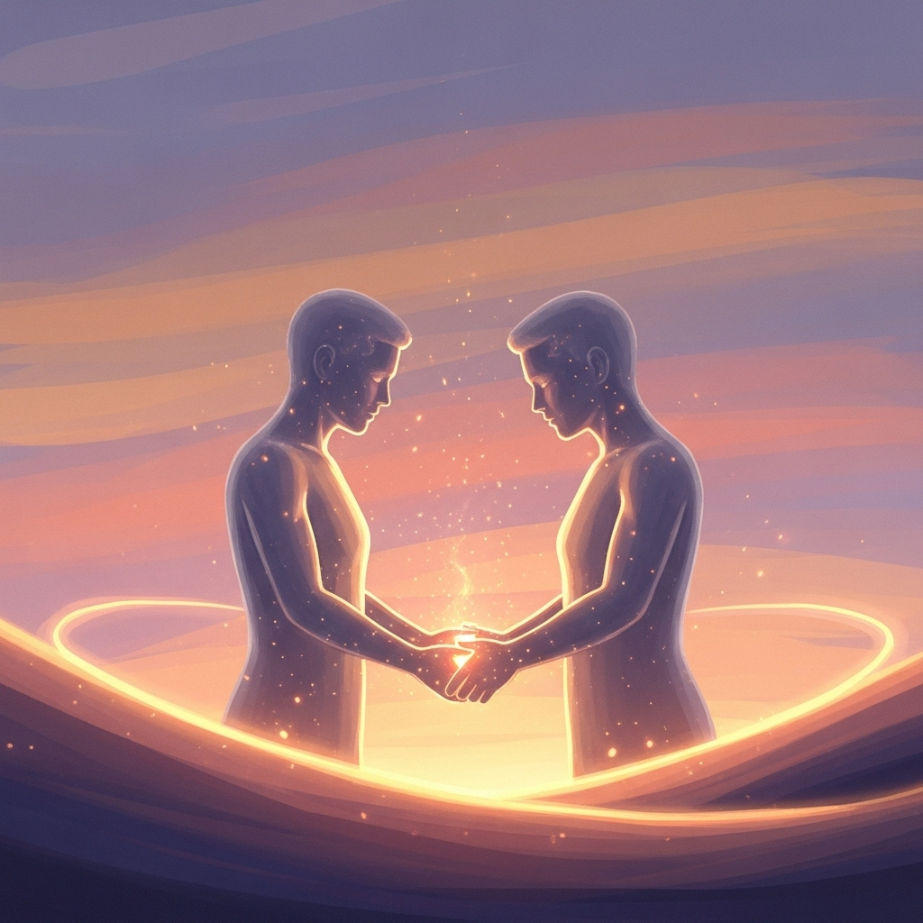 인의예지 Two abstract, translucent figures gently holding hands, surrounded by a soft, warm glow. The background is a muted, harmonious color palette, emphasizing connection and empathy. No text on image.