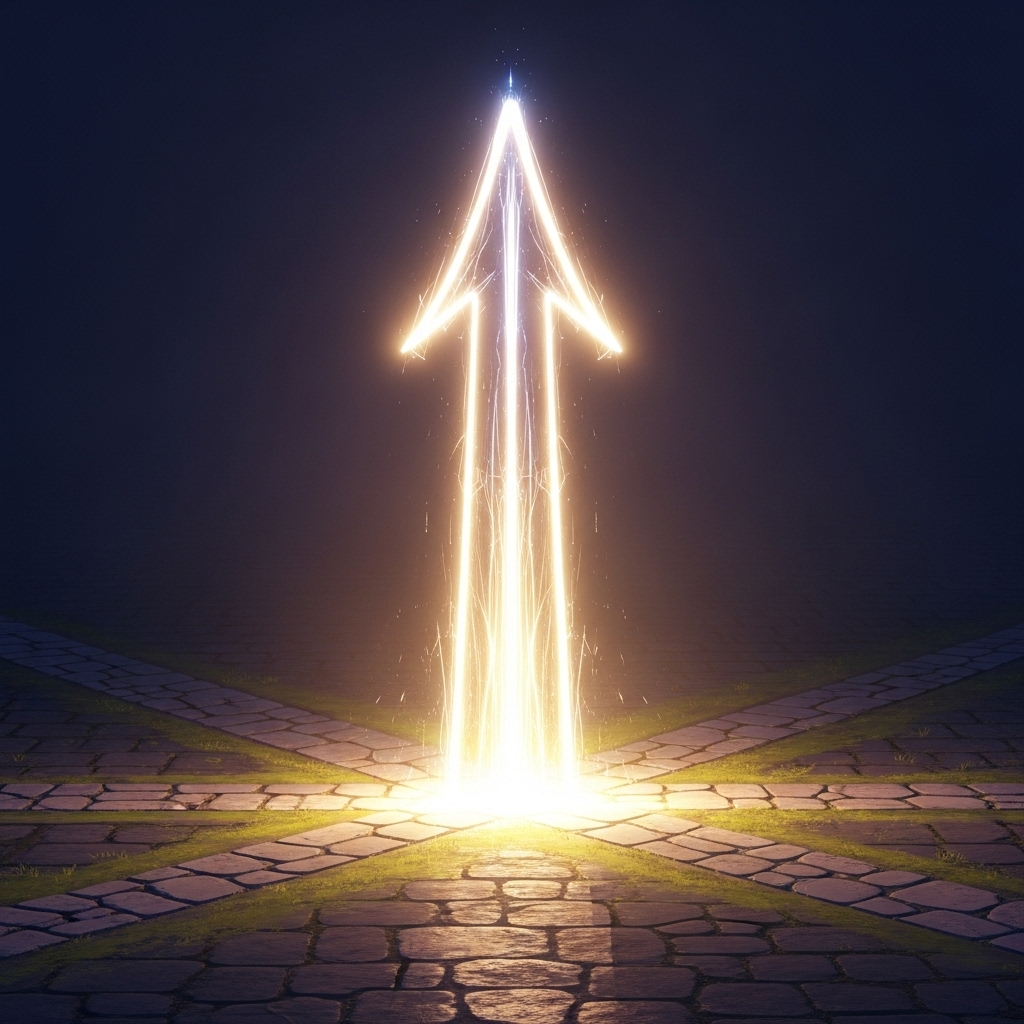 인의예지 A stylized, upward-pointing arrow made of light, emerging from a crossroads, symbolizing a clear and just decision. The background shows a path leading towards a bright horizon. No text on image.