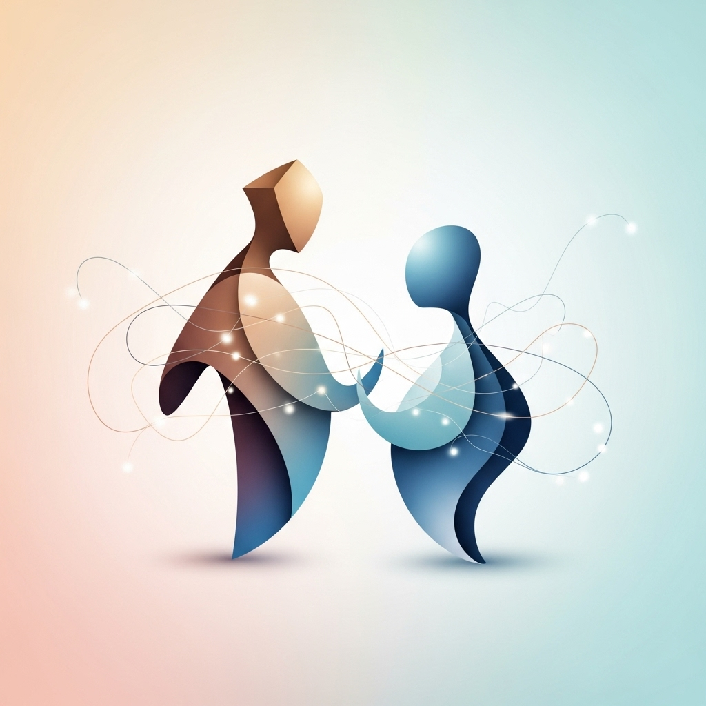 인의예지 Two stylized, abstract figures interacting gracefully with subtle, flowing lines between them, representing harmonious communication and mutual respect. The background is soft and calming. No text on image.