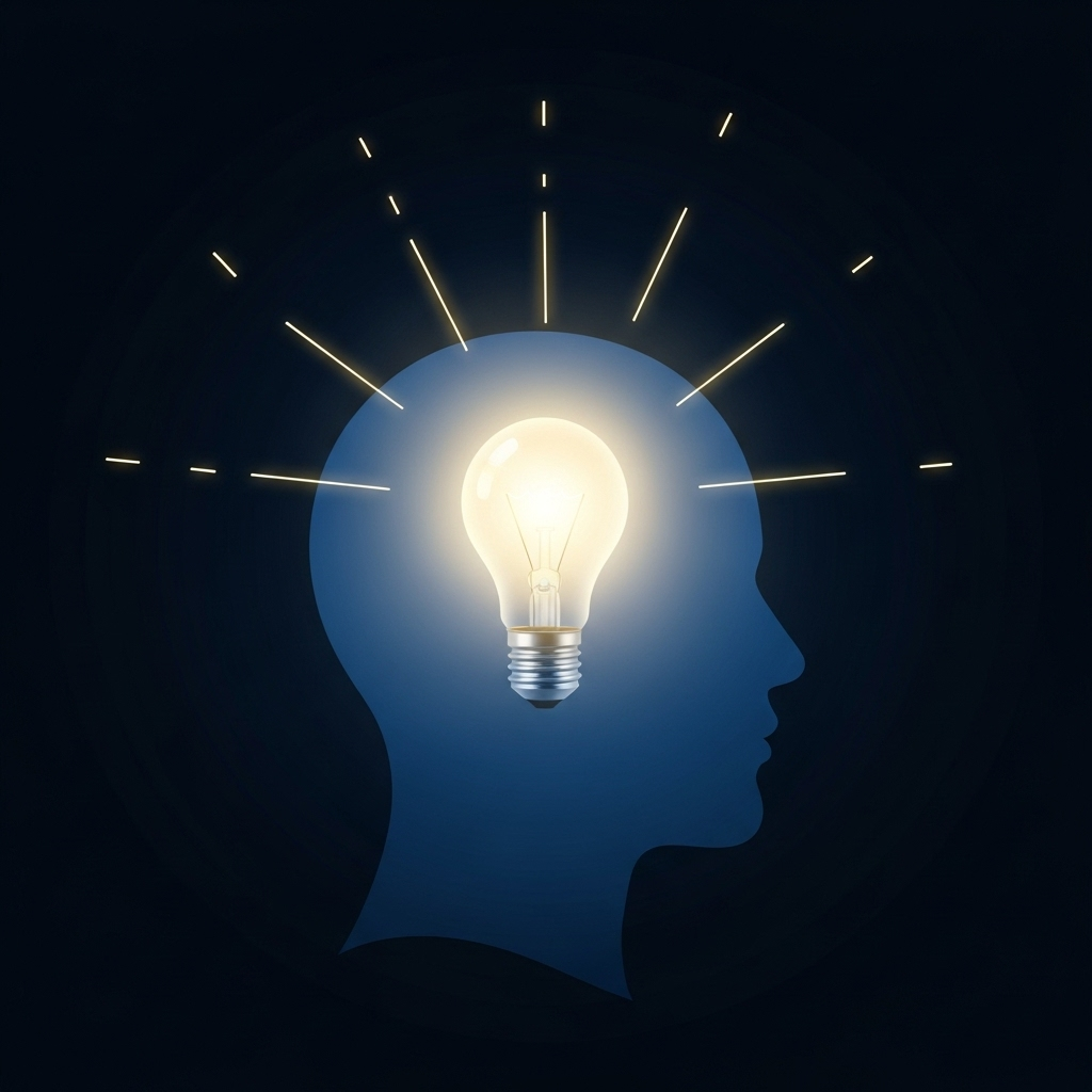 인의예지 A single, glowing lightbulb inside a stylized human head silhouette, with radiating lines representing thoughts and insights. The background is a dark, thoughtful blue. No text on image.