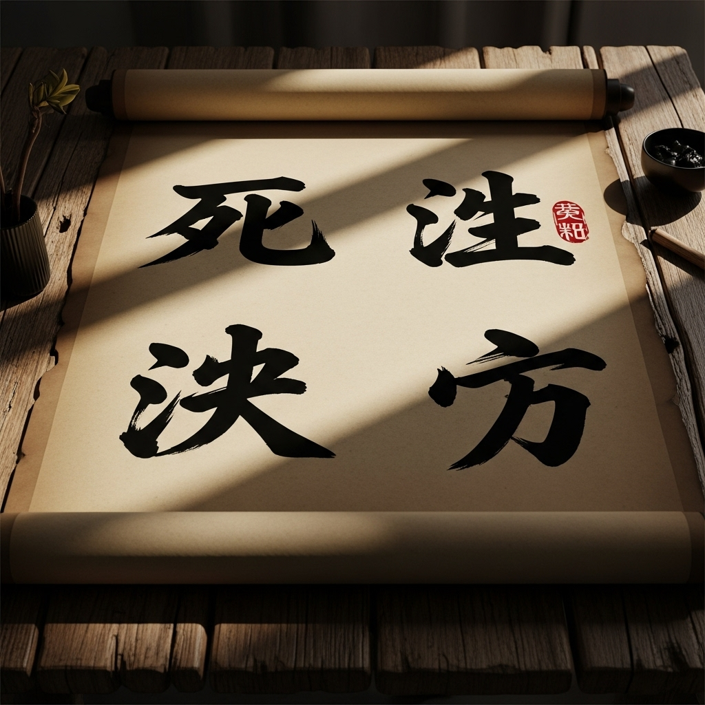 사생결단 An ancient scroll with four distinct Chinese characters (死, 生, 決, 斷) beautifully written in calligraphy, each character radiating a sense of profound meaning. The scroll lies on a rustic wooden table with a feather quill nearby. No text in the image.