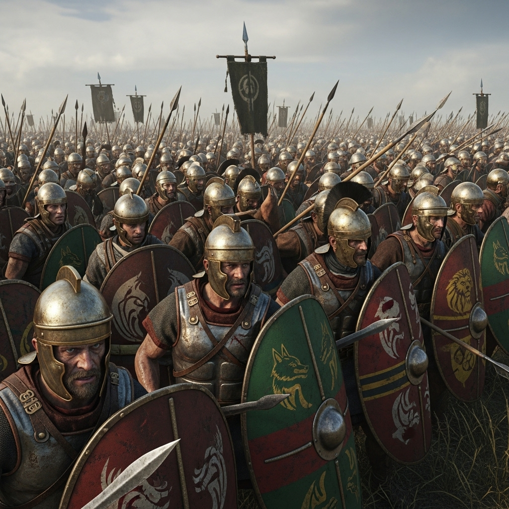 사생결단 An ancient battlefield scene with soldiers in historical armor, standing firm against an opposing force. A river is behind them, emphasizing a 'no retreat' situation. The soldiers show determined faces. No text in the image.