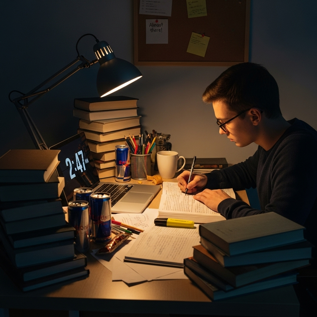 사생결단 A person studying late at night, surrounded by books and a laptop, with a determined expression. A warm lamp light illuminates the desk. The atmosphere is focused and diligent. No text in the image.
