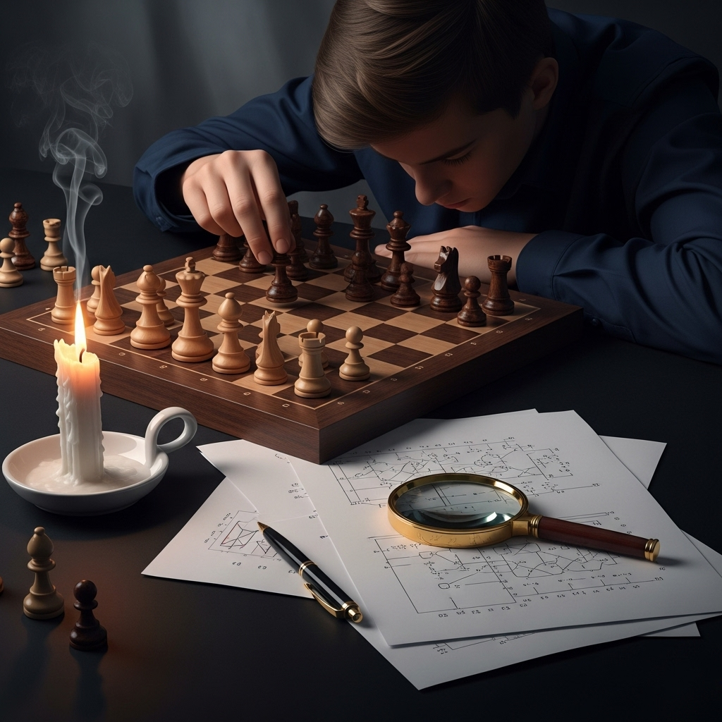 사생결단 A person at a chessboard, deeply focused on making a move. On one side, there's a burning candle symbolizing passion; on the other, a magnifying glass and documents representing careful analysis. The scene conveys strategic thinking. No text in the image.