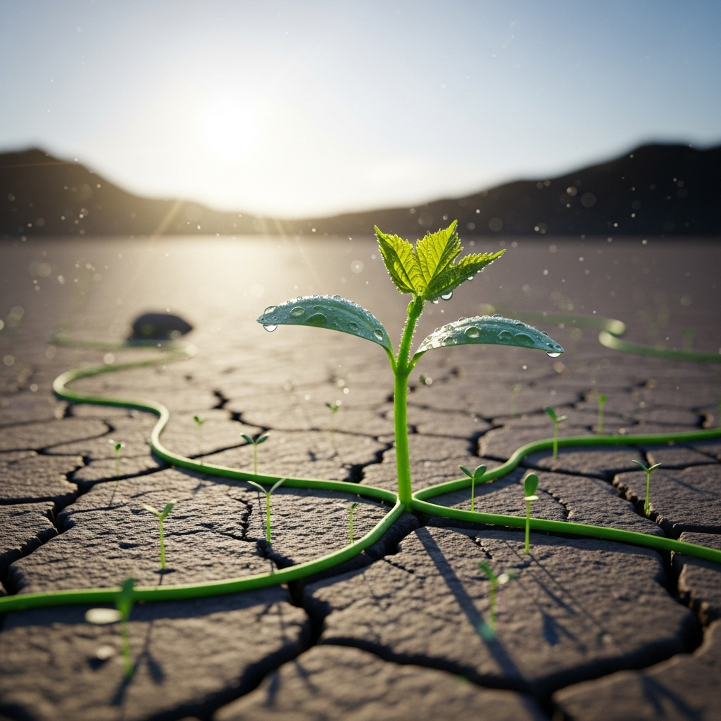 사생결단 A lone, vibrant green sprout pushing through a cracked, barren ground towards a small ray of sunlight. The scene symbolizes resilience, hope, and determination against harsh conditions. No text in the image.