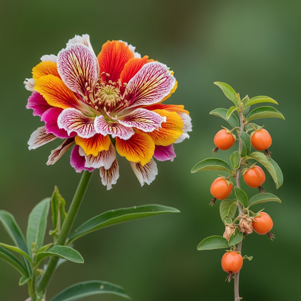 화이부실 A highly decorative, vibrant flower on a plant, but with no visible fruit. In contrast, a small, less showy plant next to it bears abundant, ripe fruit.