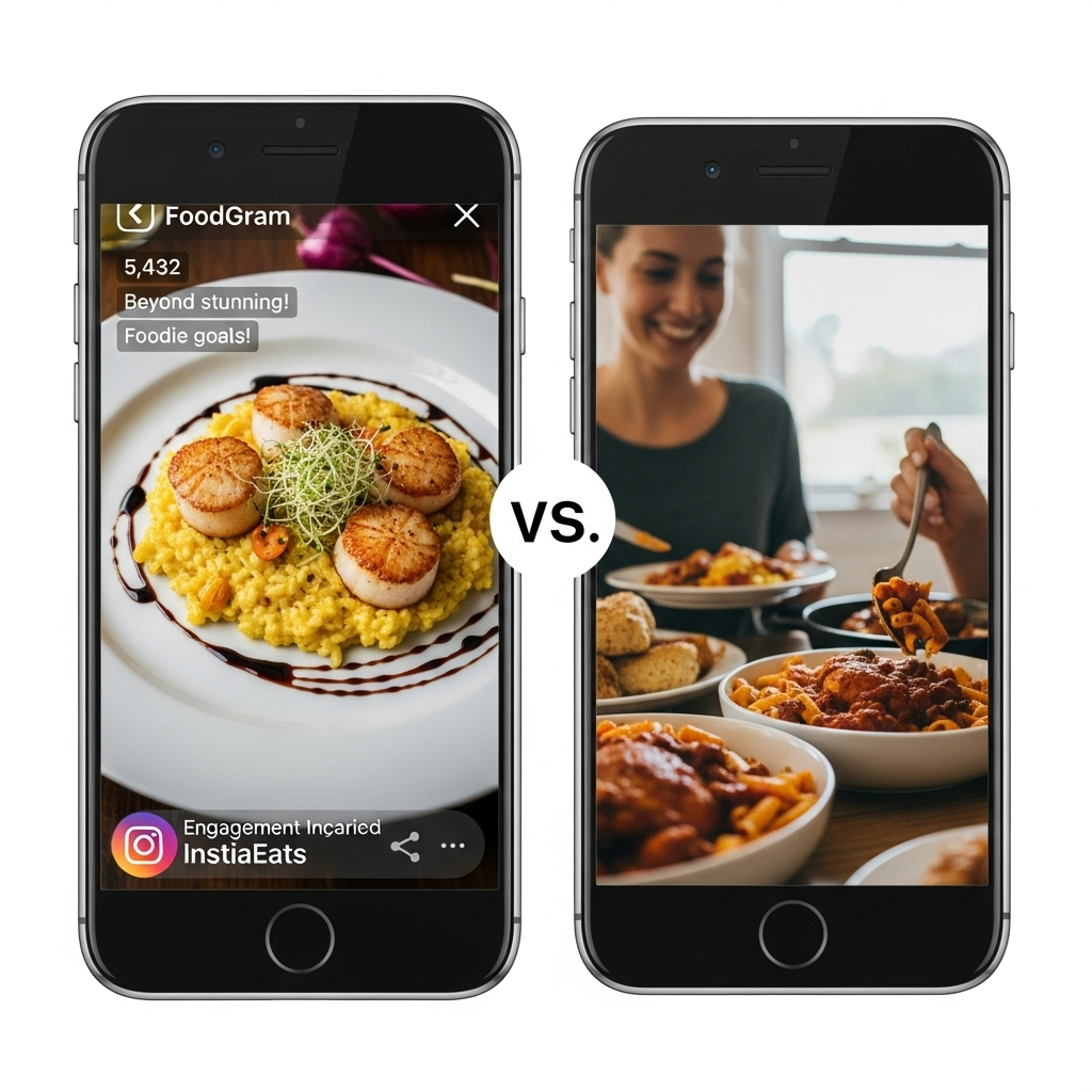 화이부실 Two smartphones side-by-side. One shows a perfectly filtered, extravagant meal on social media. The other shows a more modest, realistic homemade meal with genuine smiles.