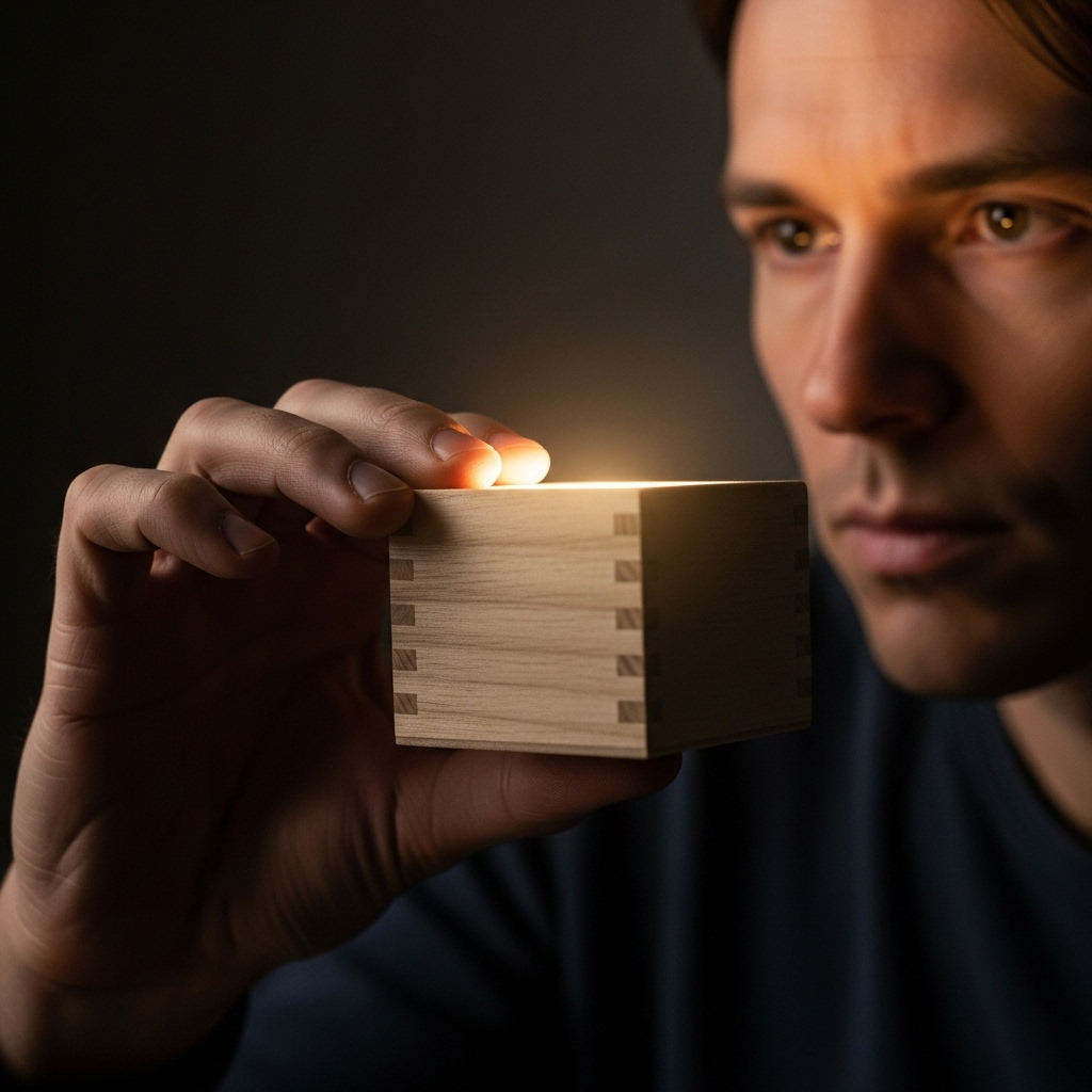 화이부실 A person's hand holding a small, unadorned wooden box. A subtle light emanates from inside the box, suggesting hidden value. The person's face is focused and contemplative.