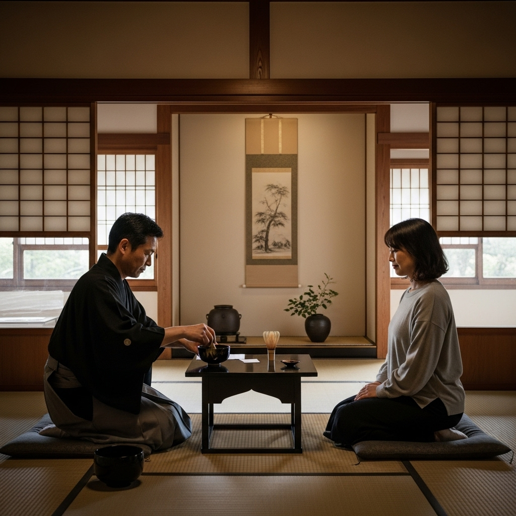 일기일회 An ancient Japanese tea ceremony room, with a master gracefully serving tea to a guest. The setting is traditional, minimalist, and serene, emphasizing respect and a deep connection between the two individuals. Sunlight filters in gently.