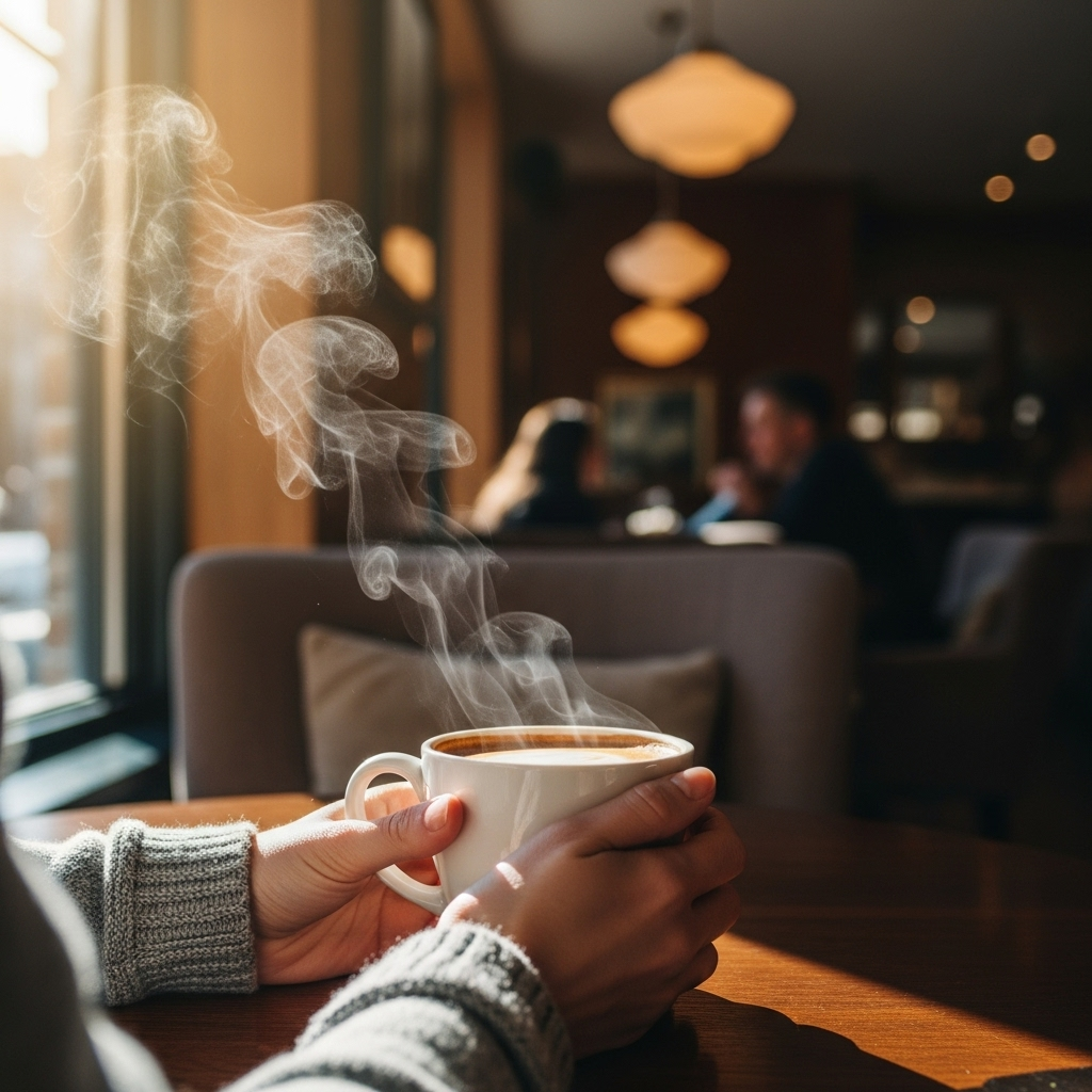 일기일회 A person's hands holding a freshly brewed cup of coffee, steam rising gently. The background is slightly blurred, showing a cozy, sunlit cafe interior, suggesting a moment of peace and appreciation for small, everyday pleasures.