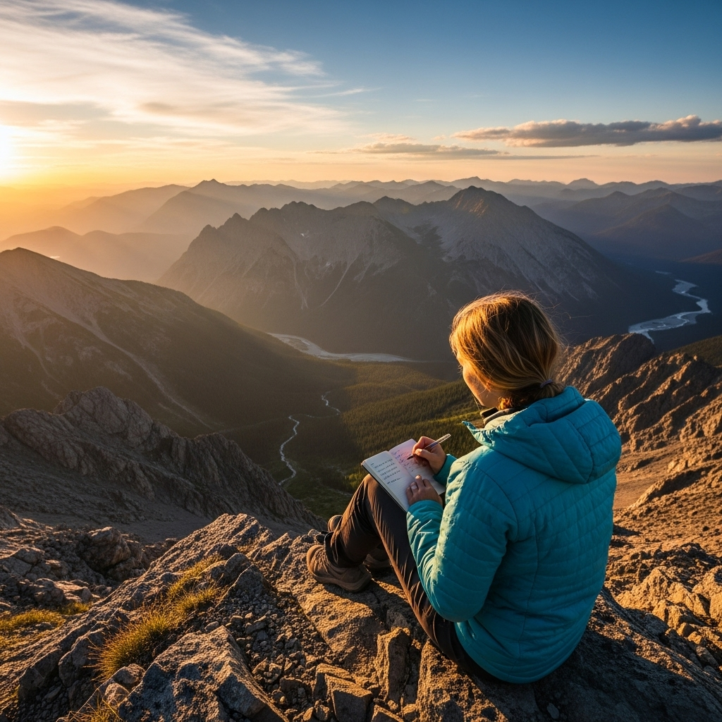 일기일회 A person sitting on a mountaintop, overlooking a breathtaking panorama of nature at sunset. They are holding a small notebook and pen, seemingly reflecting or writing, embodying a sense of peace, gratitude, and appreciation for the vastness and beauty of the moment. The light is golden and warm.