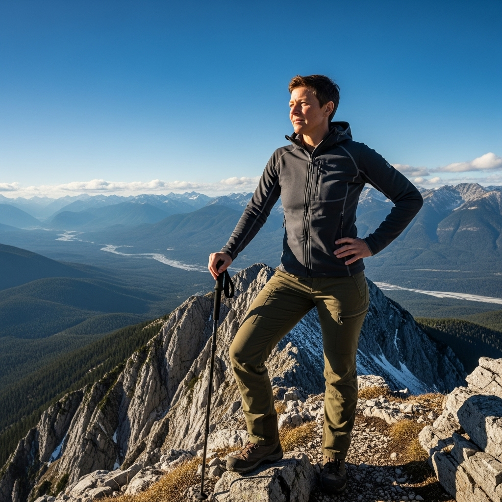 일기당천 A powerful, determined looking person standing confidently on a mountaintop, overlooking a vast landscape. The person is an adult, gender-neutral, wearing modern, functional clothing. The sky is clear, and the overall mood is inspiring and aspirational. No text on the image.