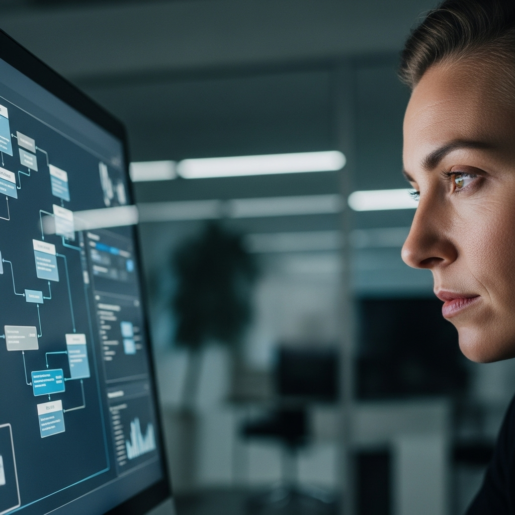 일기당천 A person in a modern office setting, deep in thought, looking at a complex flowchart or data visualization on a computer screen. The person is focused and calm, demonstrating strategic thinking. The office is clean and well-lit. No text on the image.