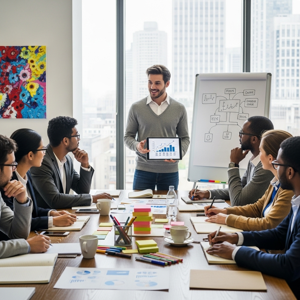 일기당천 A diverse group of adult professionals engaged in a collaborative brainstorming session around a table. One person is confidently presenting an idea, while others are listening attentively and taking notes. The atmosphere is energetic and innovative. No text on the image.