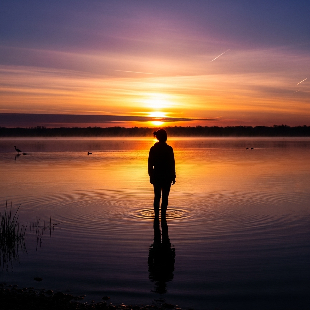 일기당천 A person (gender-neutral adult) standing at the edge of a calm lake, watching the sunrise. The person's silhouette is against the rising sun, symbolizing hope and new beginnings. The scene is peaceful and reflective, conveying a sense of inner strength. No text on the image.