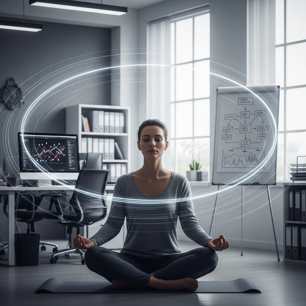 만법귀일 A person meditating calmly in a modern, minimalistic office setting, surrounded by soft, diffused light, symbolizing finding peace and insight amidst complexity. No text on the image.