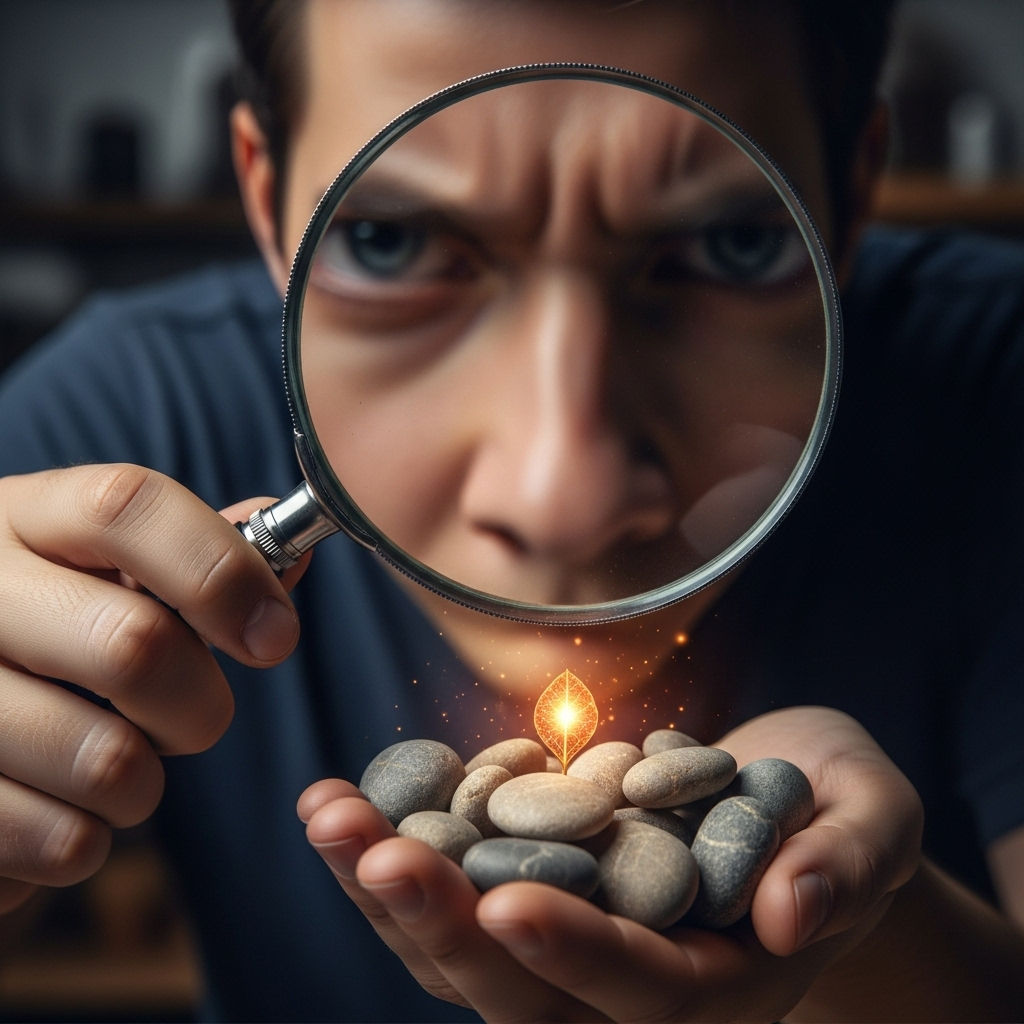 A person looking intently through a magnifying glass at a small, glowing seed amidst ordinary pebbles, symbolizing the act of discerning a rare opportunity. The background is slightly blurred to emphasize focus. No text.