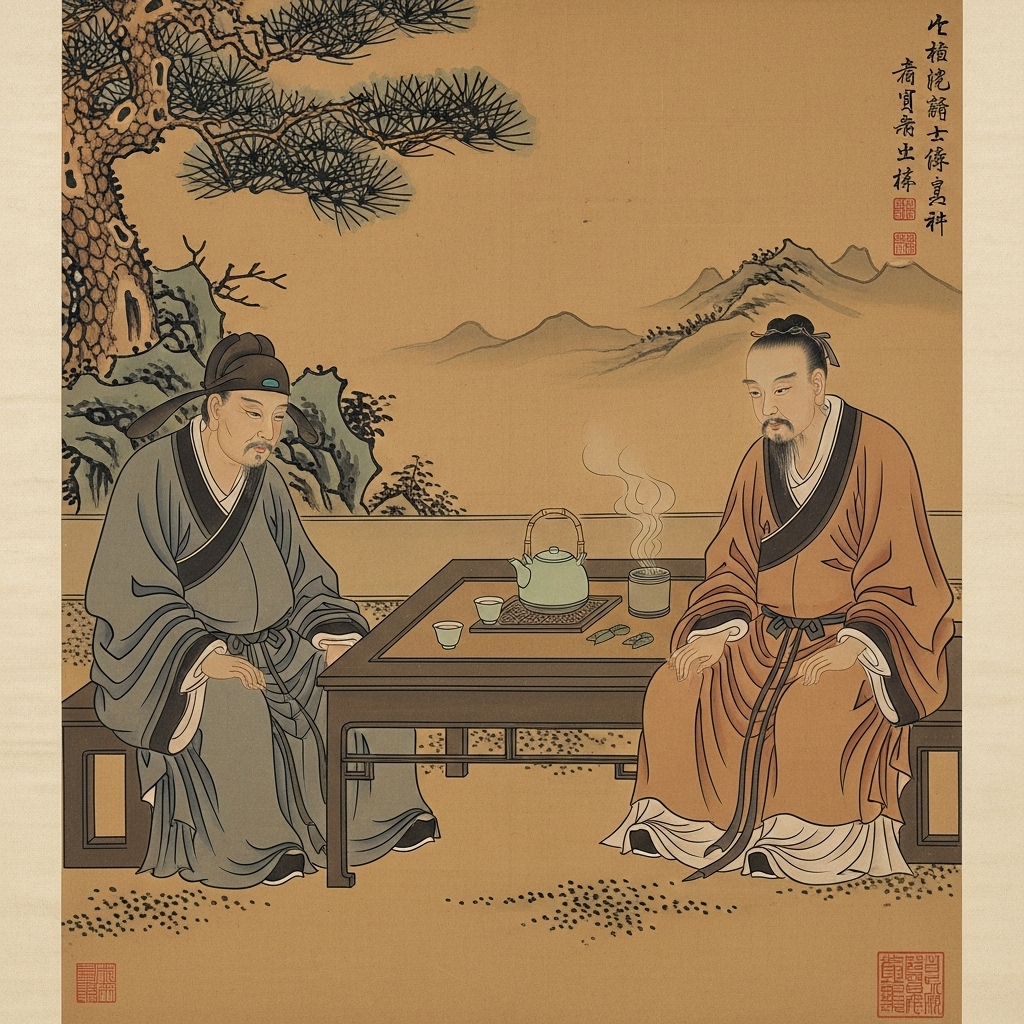 An ancient Chinese scroll painting depicting two men, one in official attire and the other in scholarly robes, sitting across a low table, sharing tea and a quiet, understanding moment. The setting is simple yet elegant, emphasizing intellectual and emotional connection.