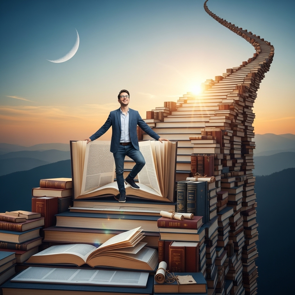 A vibrant, dynamic image of a person ascending a staircase made of books and knowledge, with the sun rising in the background and a crescent moon subtly visible. The person is smiling confidently. No text in the image.__일신월성