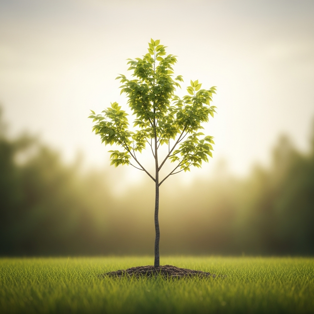 A metaphorical depiction of continuous effort and growth. A small sapling steadily growing into a strong tree through rain and sunshine, symbolizing perseverance and the gradual accumulation of knowledge or skill. The background is serene and encouraging. 위편삼절: 공자가 3번 꿰맨 책에서 얻는 5가지 지혜