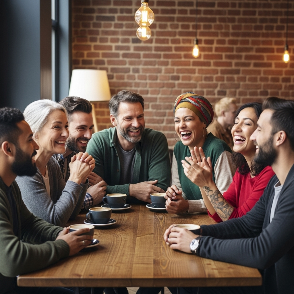 A diverse group of friends, representing various ages and backgrounds, sharing a laugh around a table in a cozy café. Their body language shows genuine connection and happiness. The lighting is warm and inviting. 깊은 유대감을 만드는 5가지 지혜, 일심동체(一心同體)의 힘