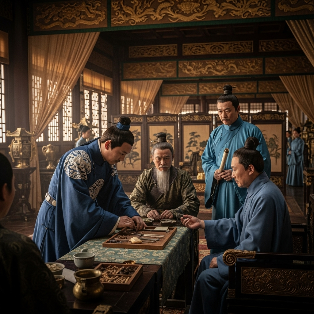 An ancient Chinese physician, Bian Que, in traditional robes, confidently examining a patient while a skeptical court physician with a narrow, worried expression looks on. The setting is a grand, traditional palace room. 우리가 놓치기 쉬운 3가지 시야! '이광정조'를 통해 본 이관규천의 지혜