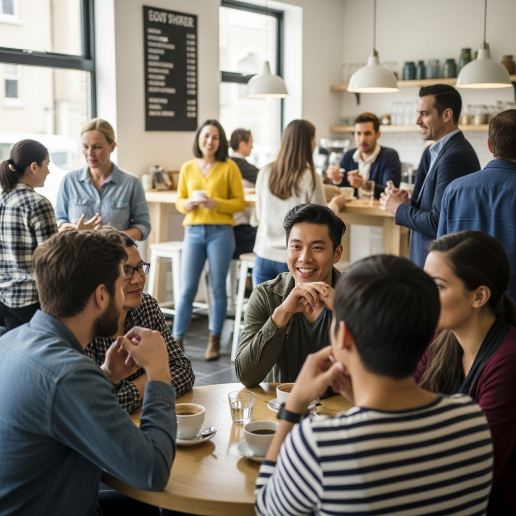 A diverse group of people from different cultures and ages engaged in lively conversation over coffee in a bright, modern cafe, symbolizing open dialogue and diverse perspectives. 우리가 놓치기 쉬운 3가지 시야! '이광정조'를 통해 본 이관규천의 지혜