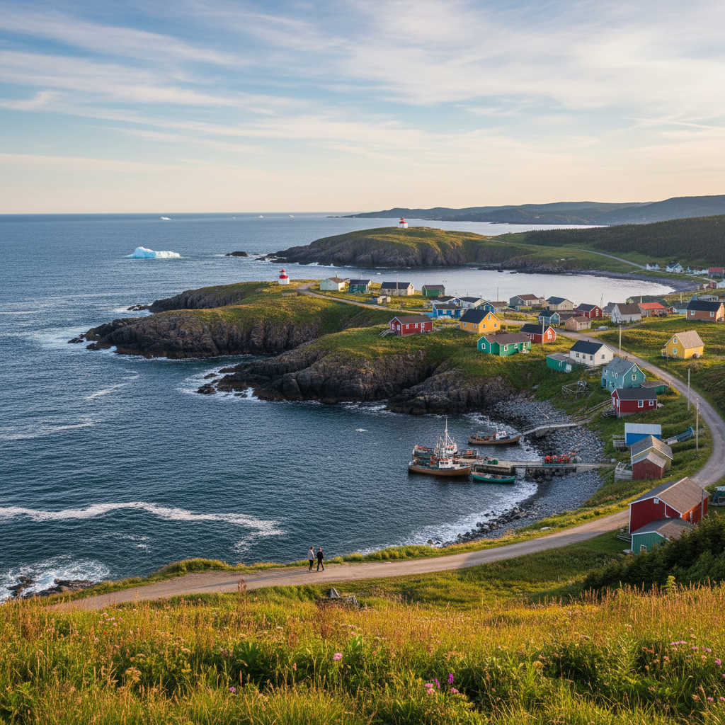 Scenic view of the rugged coastline of Newfoundland, Canada, with a small, colorful fishing village nestled along the shore. Capture the natural beauty and calm atmosphere. Style: lifestyle photography, natural setting. No text.