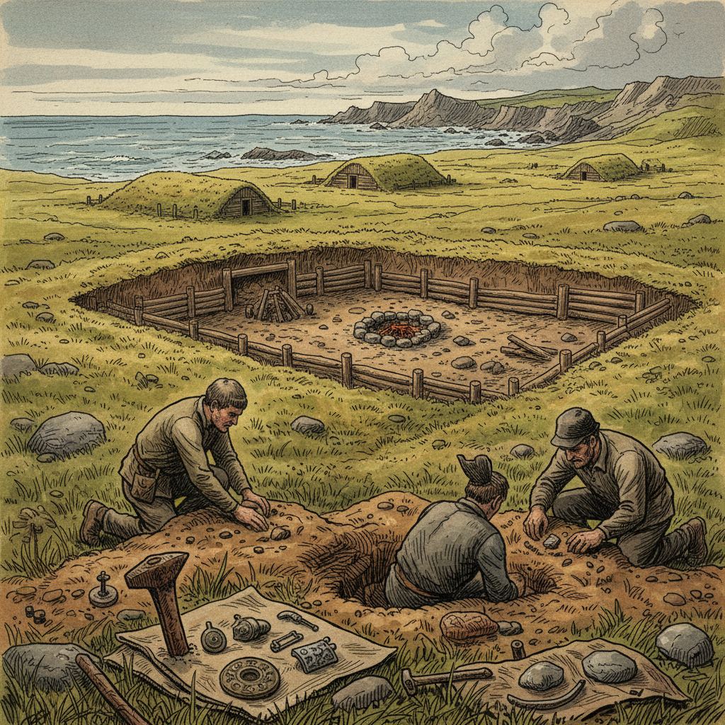 Detailed illustration of an archaeological excavation site at L'Anse aux Meadows, showing Viking artifacts like iron tools, brooch fragments, and remains of longhouses. Focus on historical accuracy and discovery. Style: illustration, textured background. No text.