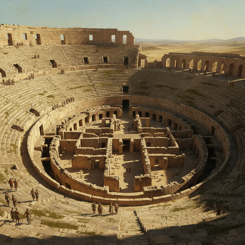 An artistic rendering of the interior of the Amphitheatre of El Jem, showing the massive tiered seating and the central arena. The illustration emphasizes the architectural details and the vastness, with a sense of historical depth. Textured background, natural lighting, no visible text.