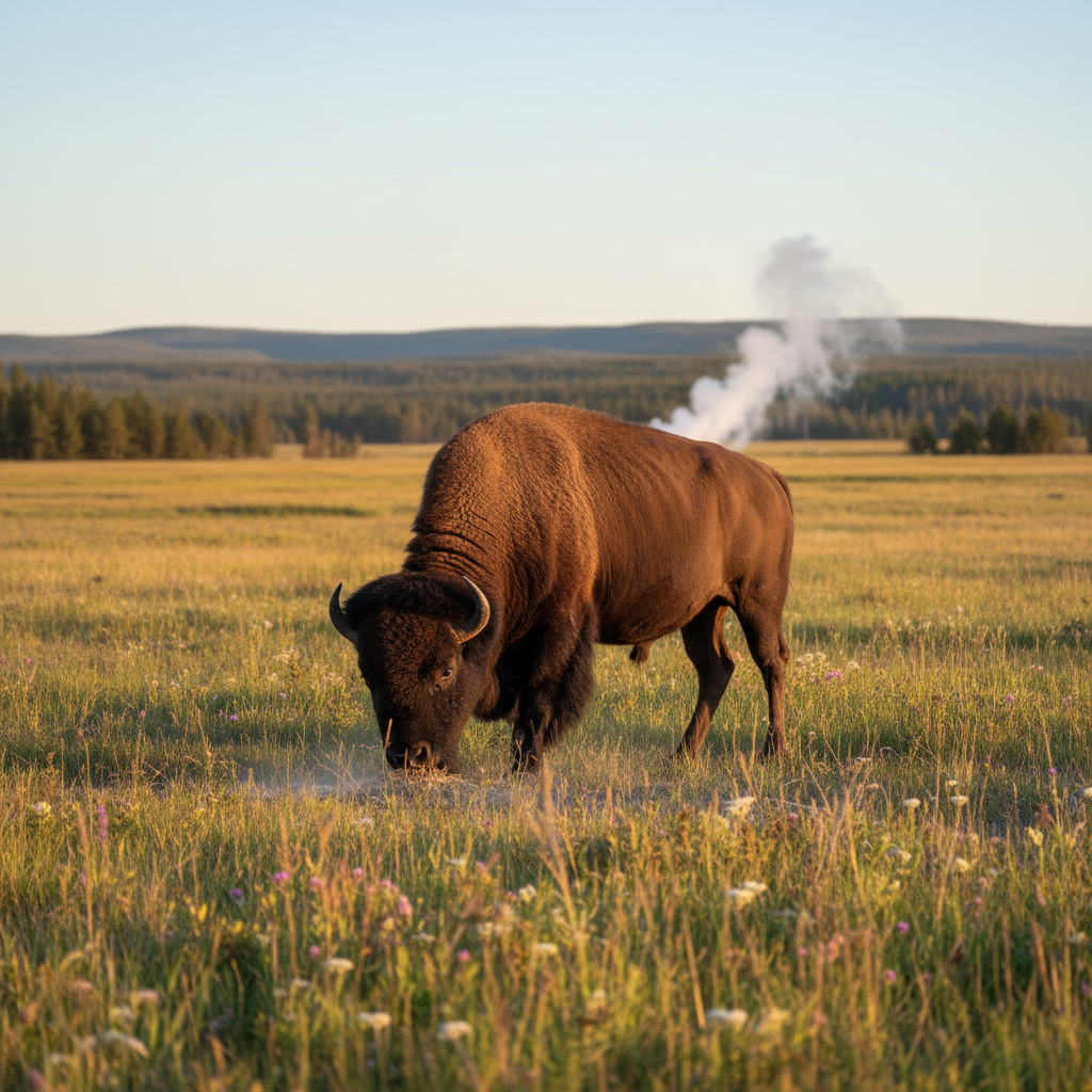 A majestic American bison grazing peacefully in a vast, open meadow within Yellowstone National Park, with steam rising from a distant hot spring. Focus on the animal in its natural habitat. Style: lifestyle photography, warm lighting, natural setting. No visible text.