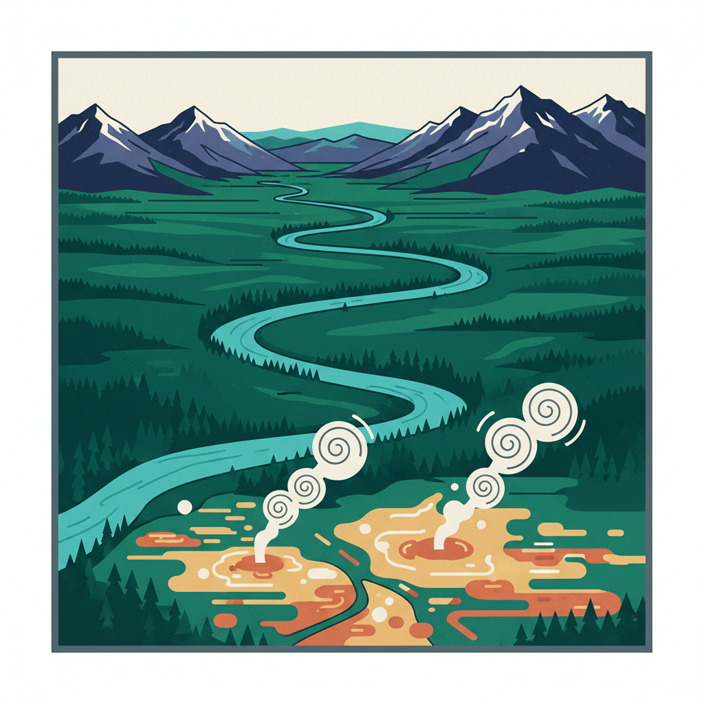 A breathtaking aerial view of Yellowstone National Park, showcasing its vastness and diverse natural features like forests, a winding river, and distant mountains. Style: clean infographic, modern layout, high contrast. No visible text.