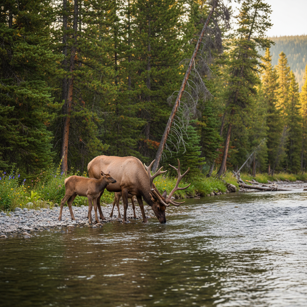 A serene scene showing an elk family drinking from a pristine river in Yellowstone National Park, surrounded by lush green forests. Natural lighting, focus on the animals. Style: lifestyle photography, warm lighting, natural setting. No visible text.