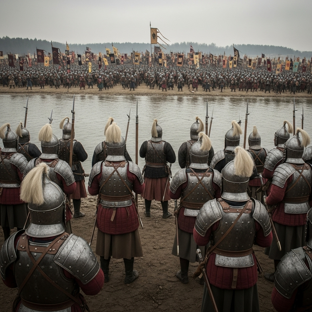 An ancient Chinese battlefield scene. Soldiers in historical armor are positioned with their backs to a wide river, facing a larger, advancing enemy army. The atmosphere is determined and tense, with banners flying in the distance. No visible text or numbers.