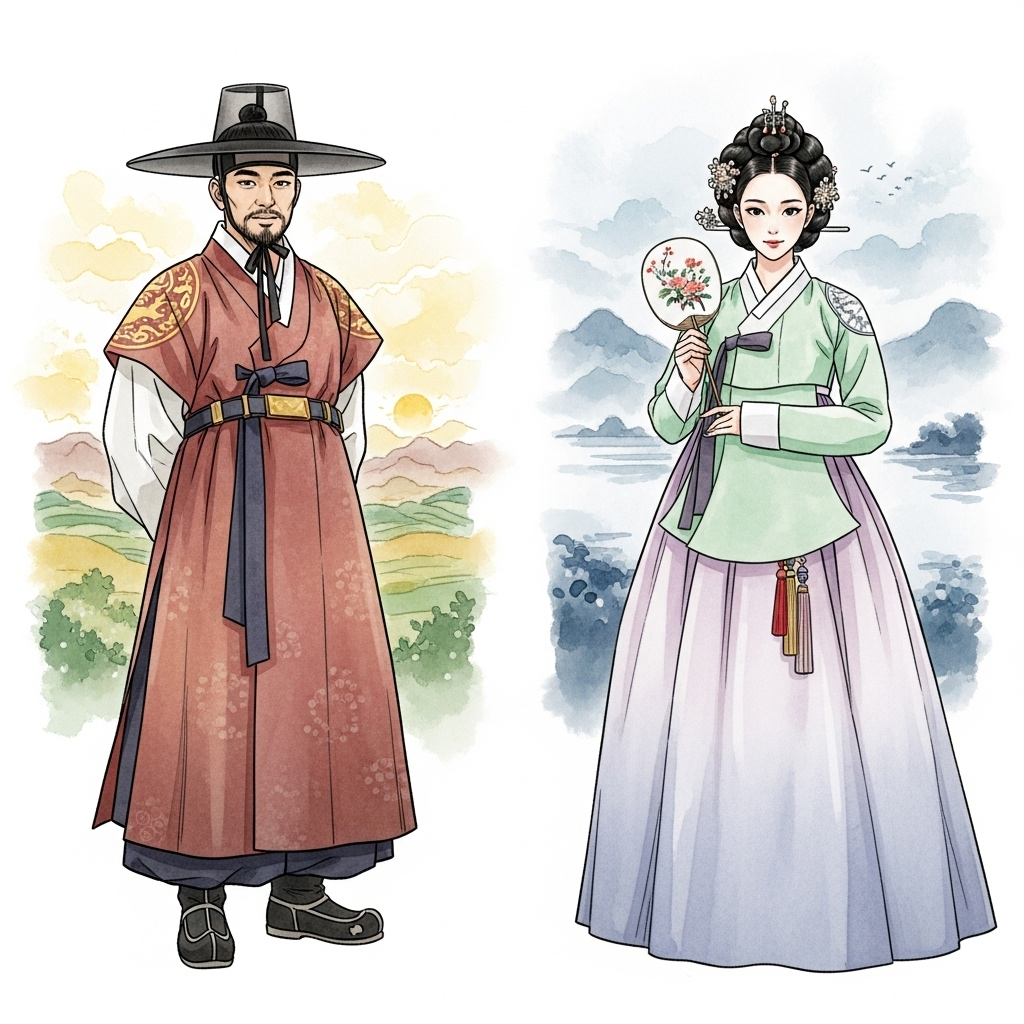 남남북녀 - A vibrant, watercolor-style illustration showing two distinct, historically-attired figures. One is a dignified, strong-looking man from the southern region, depicted with elements suggesting warmth and grace. The other is a beautiful, elegant woman from the northern region, characterized by refined features and a serene demeanor. The background subtly hints at Korean traditional landscapes, with no text.