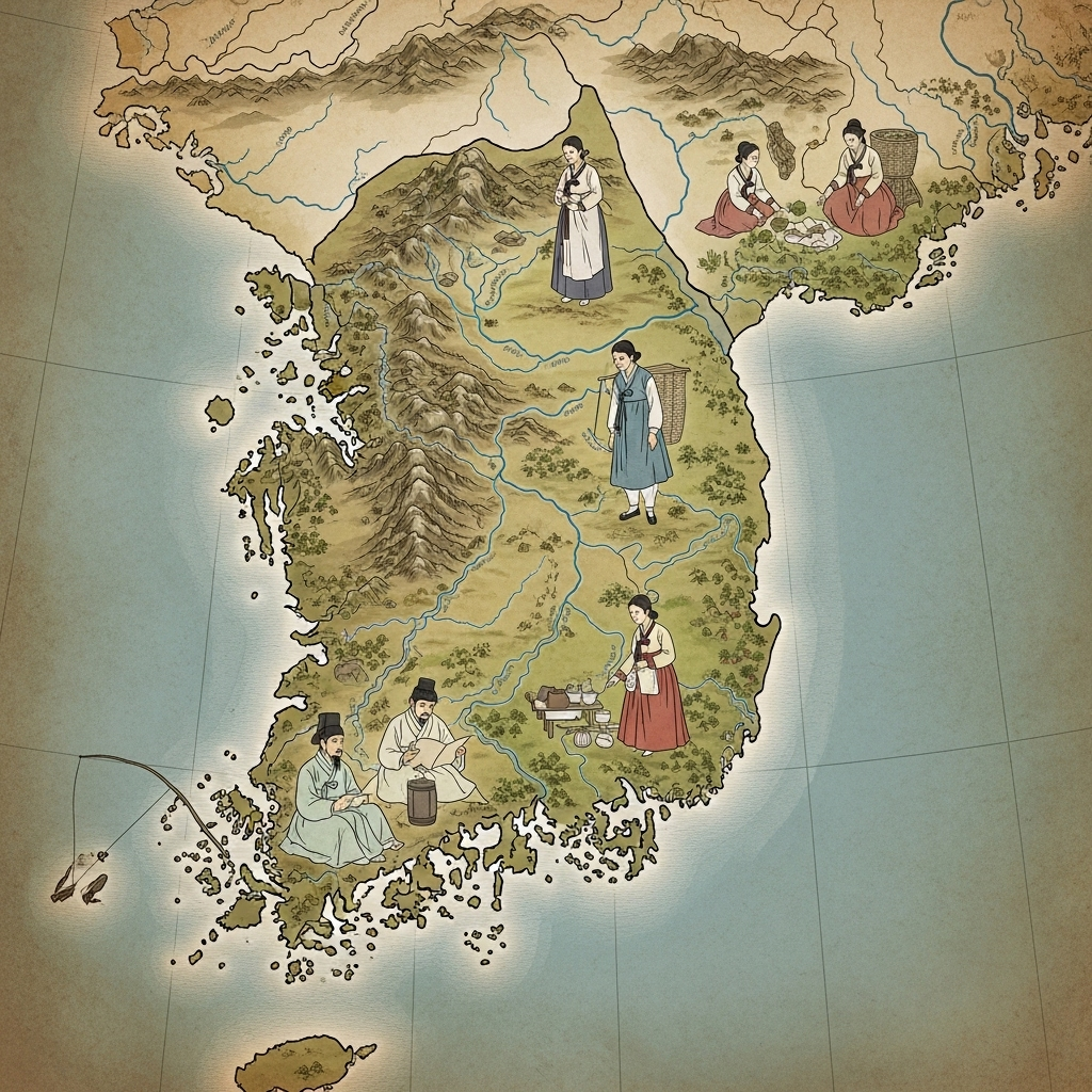 An ancient map of the Korean peninsula, softly illuminated, with subtle artistic representations of traditional Korean men in the southern part and women in the northern part. The style is classic and historical, avoiding any modern or overly sexualized elements, and ensuring no text is visible.