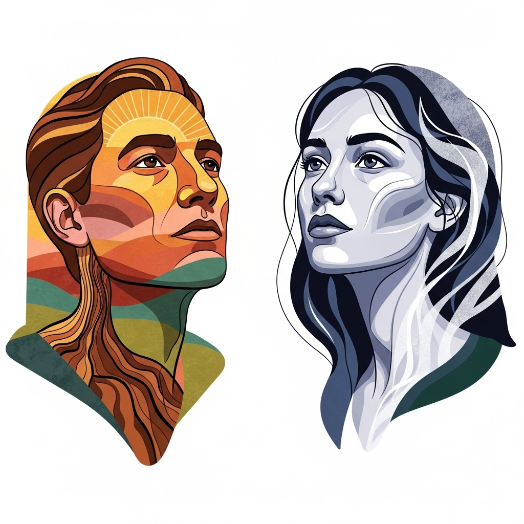 Two abstract, stylized portraits. One depicts a man with strong, gentle features, symbolizing dignity and wisdom, with a warm, southern color palette. The other portrays a woman with serene, clear features, symbolizing grace and resilience, with a cool, northern color palette. Both are artistic interpretations without specific details of race or explicit physical features, and no text.