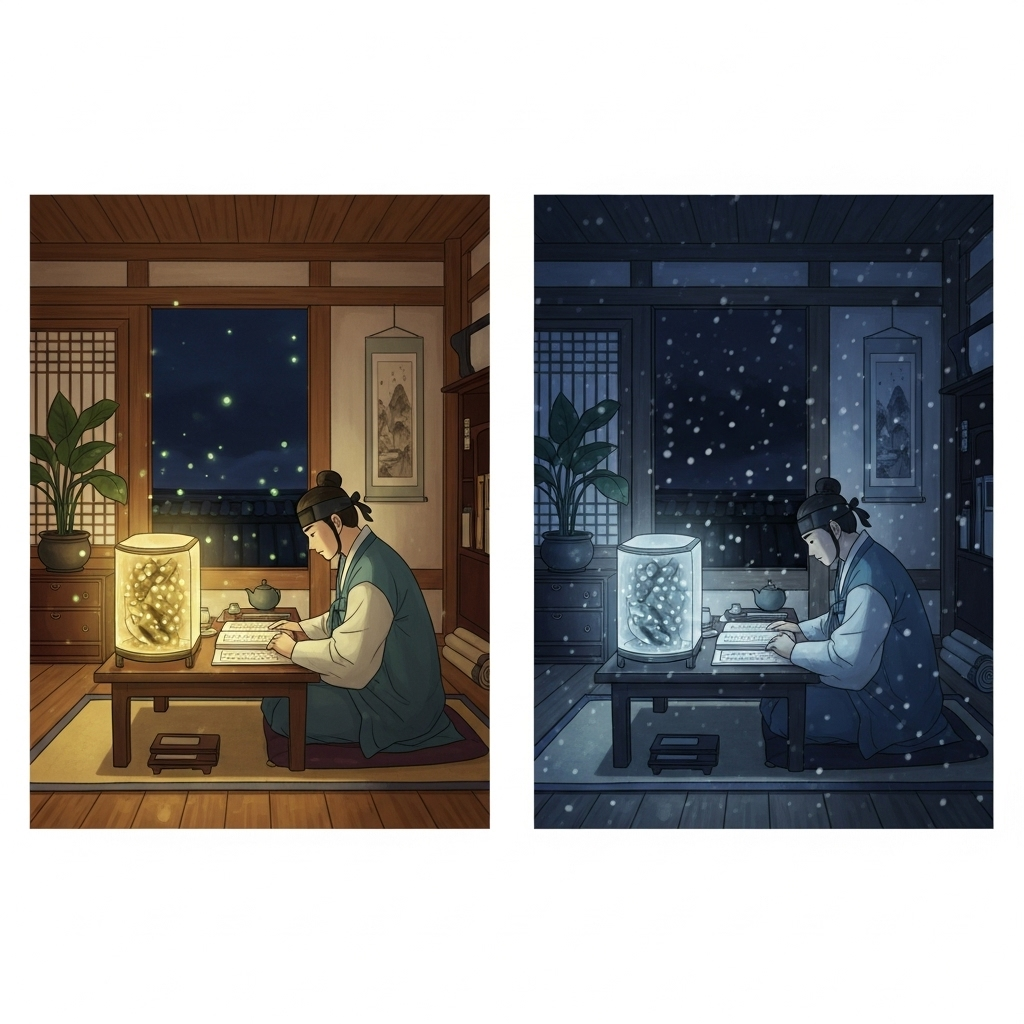 A beautifully illustrated scene of a young scholar diligently studying at night. One part shows him reading by the soft glow of fireflies captured in a transparent container, and another part shows him studying by the faint light reflecting off the snow-covered landscape outside his window. The atmosphere is calm and focused, with traditional Korean architecture in the background. No text on the image.
