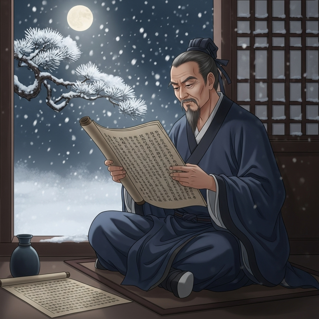 An ancient Chinese scholar in simple robes is seated by a window, holding an open scroll or book. Outside the window, a gentle snowfall is visible, and the landscape is softly illuminated by the moonlight reflecting off the snow. The scholar's face shows concentration and determination. No text on the image.