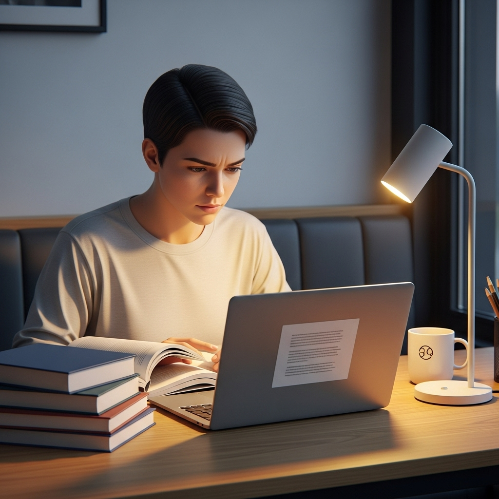 형설지공 - A modern student, perhaps in a college dorm room or a quiet cafe, is intensely focused on studying. They have a laptop open and books spread out, with a faint glow from the screen or a small lamp illuminating their face. The setting is neat and conducive to learning. No text on the image.