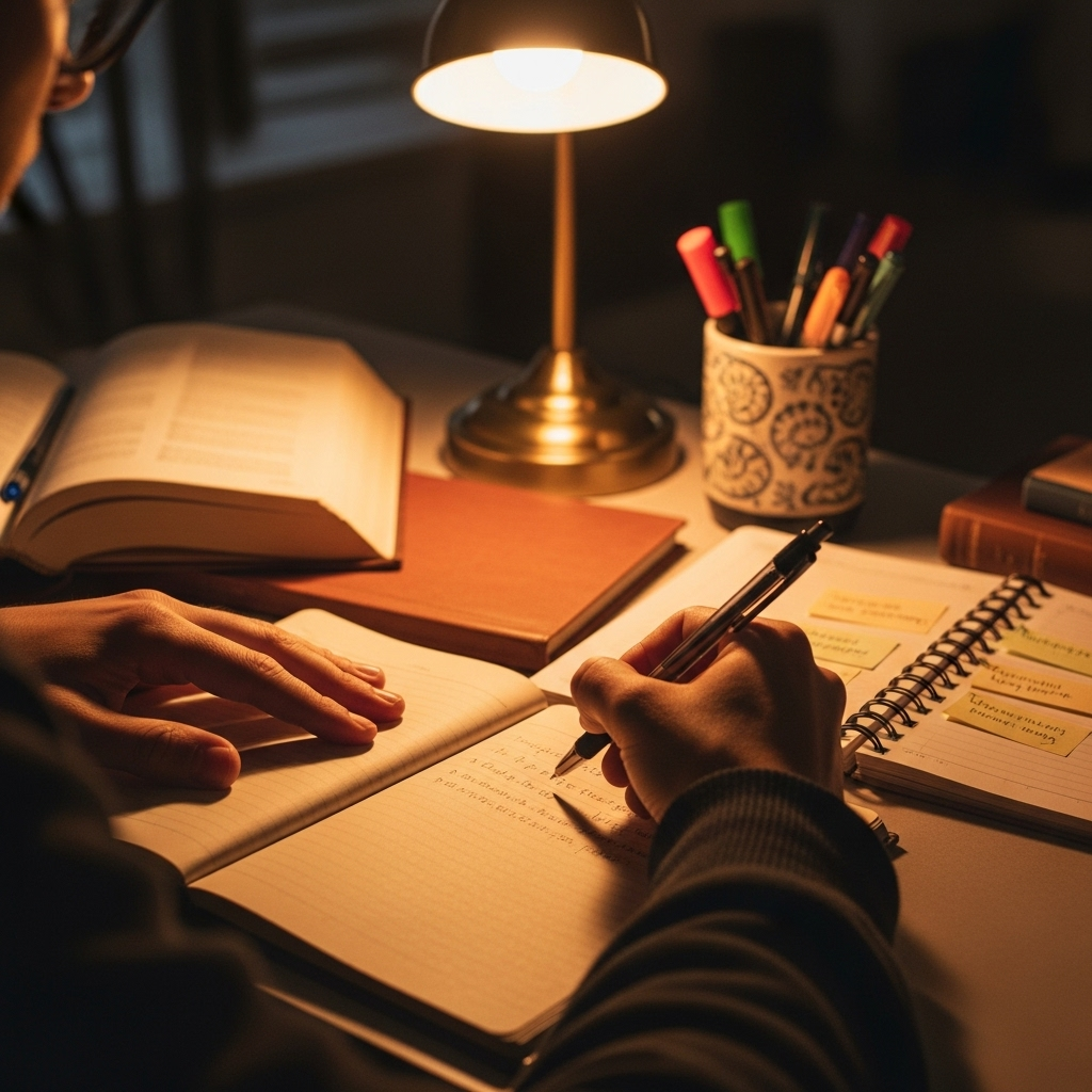 A close-up shot of a person's hands diligently writing in a notebook, surrounded by neatly organized study materials like books, pens, and a planner. A small, warm lamp provides focused light. The hands convey a sense of concentration and steady effort. No text on the image.