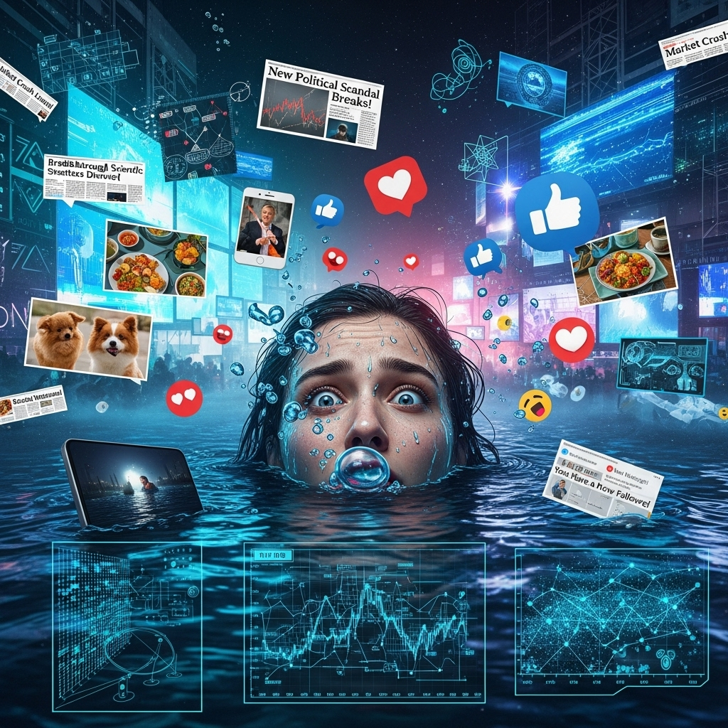 A person drowning in a sea of countless digital screens and overwhelming information, struggling to keep their head above water. Screens display various news, social media feeds, and data. The person's expression is stressed and anxious. No text on the image.