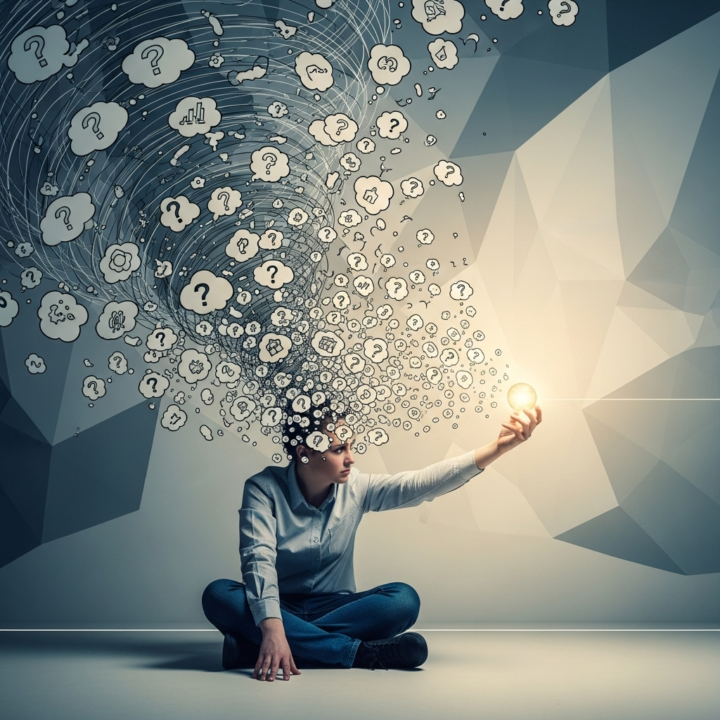 A person sitting amidst a swirling vortex of thought bubbles and question marks, looking overwhelmed but with a small, determined light appearing in their hand, symbolizing the start of action. The setting is modern and abstract, with a clear distinction between the chaotic thoughts and the emerging clarity of action. No text in the image.