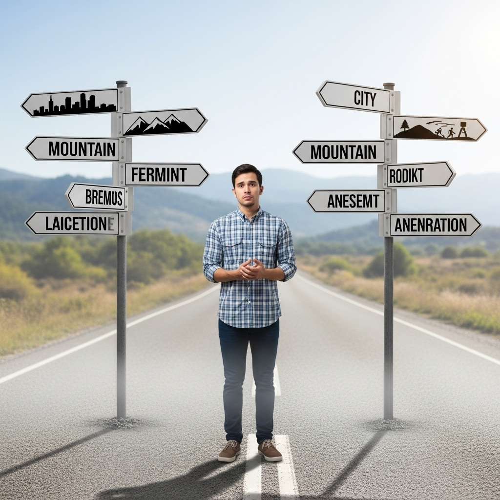 A person standing at a fork in a road, looking at multiple path signs, each labeled with a different option. The person's expression is one of indecision and overwhelm, surrounded by a faint, misty aura of worry. The background is a slightly blurred, inviting landscape, suggesting opportunities missed. No text in the image.