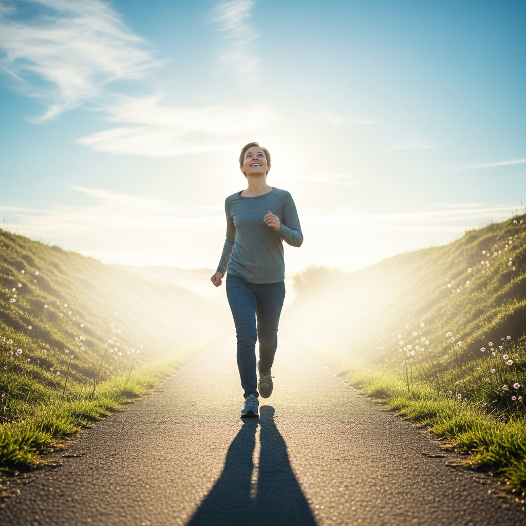 A person confidently walking on a clear path, leaving behind a fading mist of worries. The person is smiling and looking towards a bright horizon, with a sense of freedom and achievement. The overall atmosphere is positive and encouraging. No text in the image.