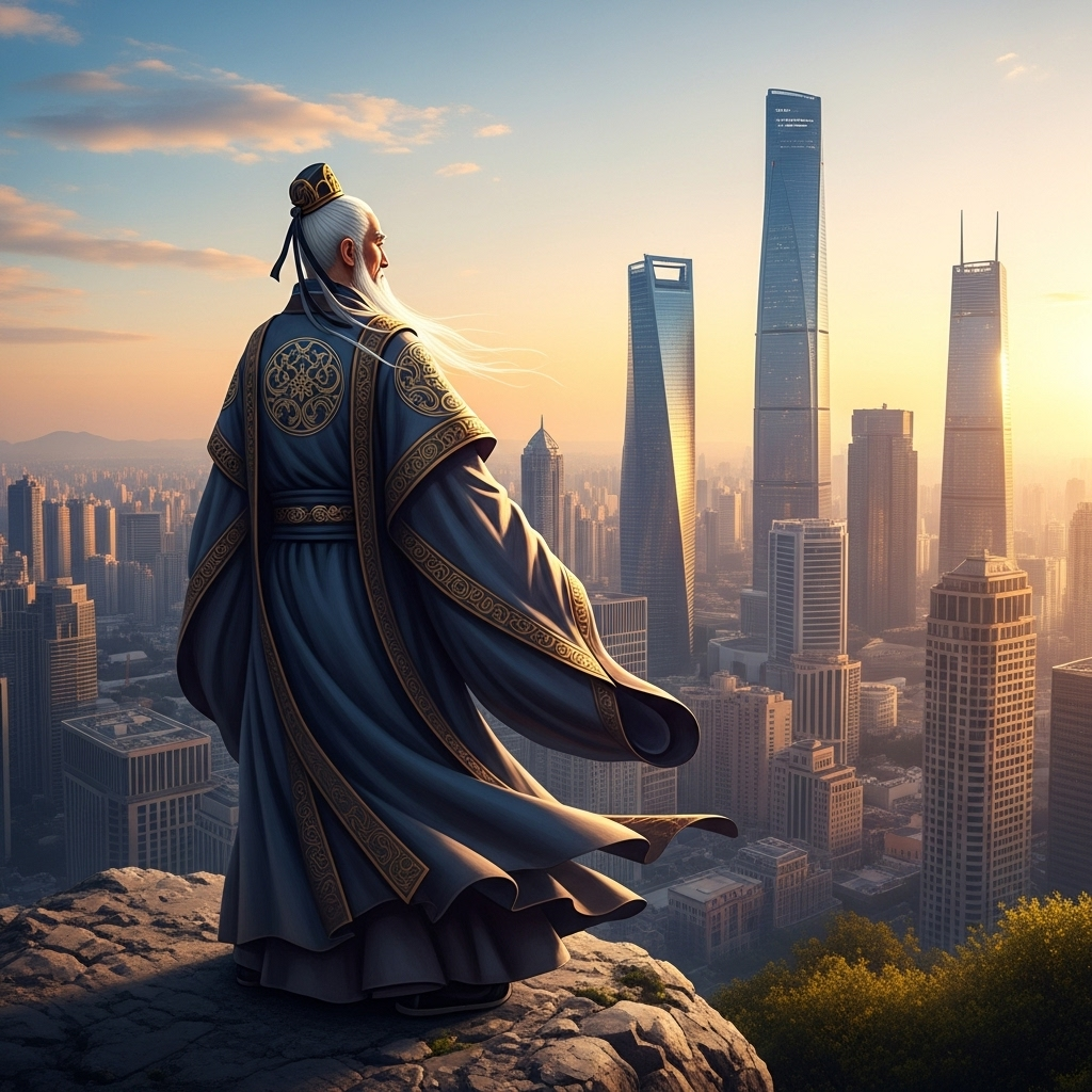 A wise, thoughtful person in ancient East Asian attire looking out at a modern city skyline, symbolizing the timeless wisdom meeting contemporary challenges. The person is not confined, but rather encompassing the scene with a calm and open demeanor. Soft, warm lighting.