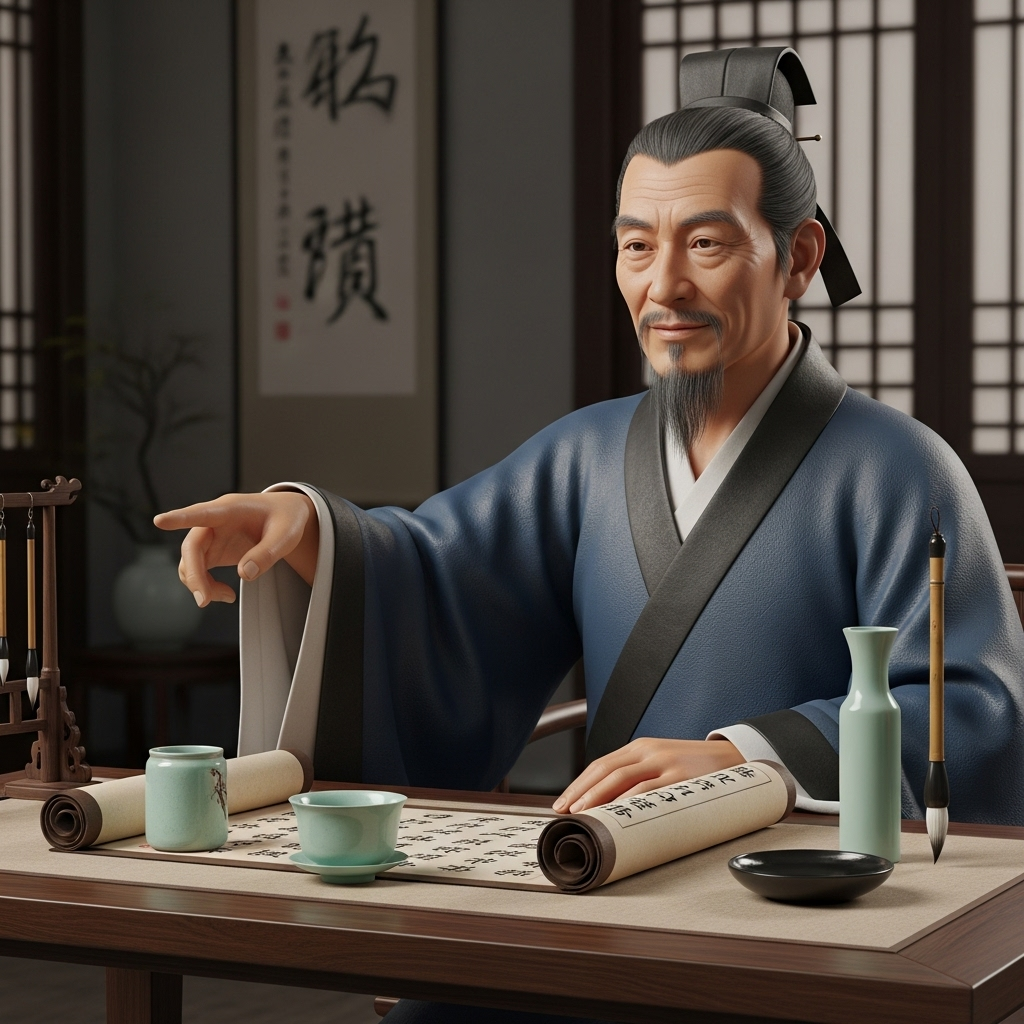 An ancient Chinese scholar, possibly Confucius, gently gesturing with a wise smile towards various tools and vessels like a teacup, a scroll, and a brush, implying their limited uses compared to a human mind. The background is a traditional study.